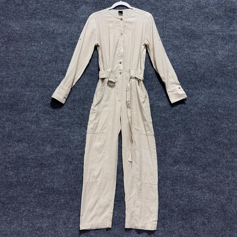 Boss Jumpsuit Womens 0 Beige Long Sleeve Belted Button Front Relaxed Utility